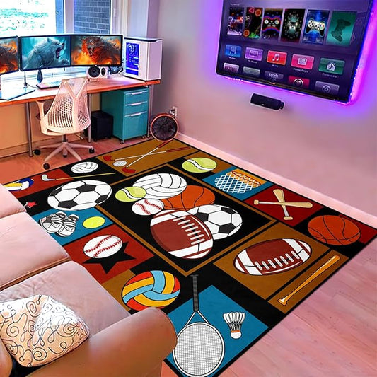 Sports Rugs for Boys Bedroom - Basketball Rug for Boys Bedroom Kids Carpet Sports Theme Basketball, Soccer, Baseball Carpet for Living Room Floor Mat Welcome Mat, 4.5x6 Feet