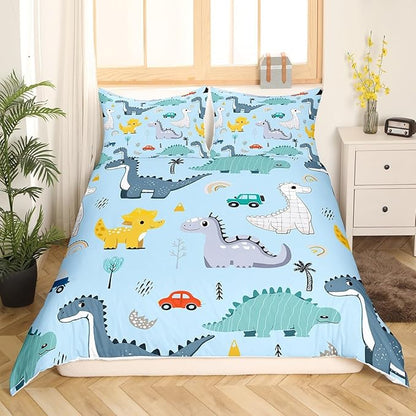 Cute Car Kids Bedding Set King Size for Teens,Kawaii Dino Colorful Wild Animal Comforter Cover with 2 Pillowcases,Cartoon Dinosaur Rainbow Sketch Blue Duvet Cover Set Microfiber Quilt Cover