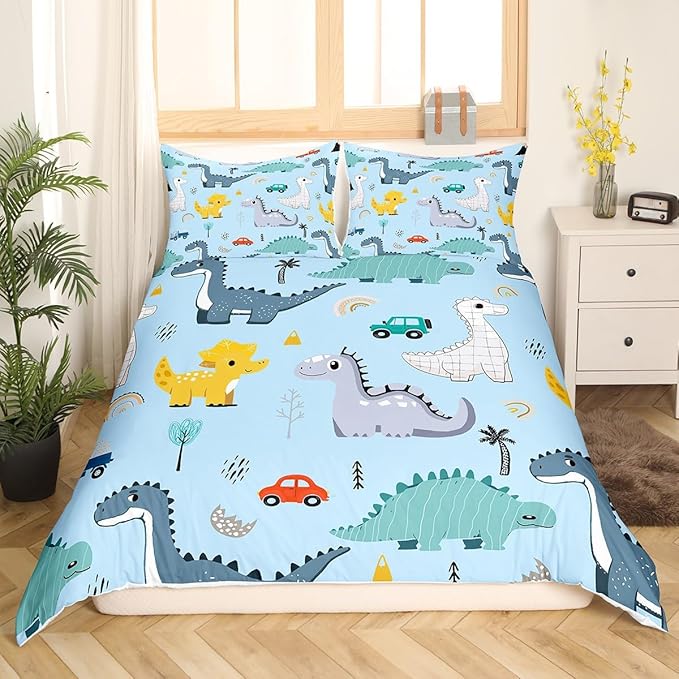 Cute Car Kids Duvet Cover Queen Size,Kawaii Dino Colorful Wild Animal Duvet Cover Set for Children Adult,Cartoon Dinosaur Rainbow Sketch Blue Soft Comforter Cover for Dorm Room, Zipper, Ties