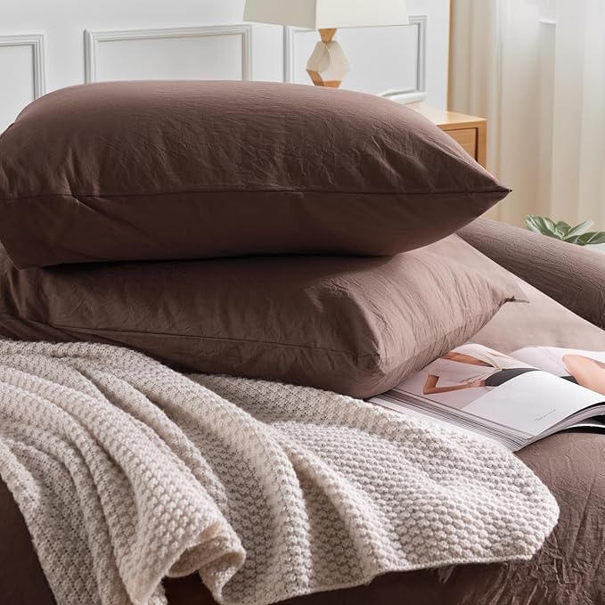 NEXHOME PRO Full Duvet Cover Set, 100% Certified Organic Cotton with Washed Feel & Linen-Like Texture, Comfortable & Breathable, Home Bedding Set Dark Brown (No Comforter)