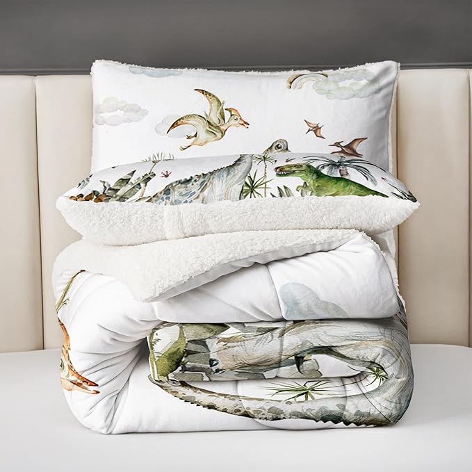 QOOMO Jurassic Period Dinosaurs Sherpa Comforter Set King, Primitive Senling Sherpa Fleece, Plush and Warm Bedding Comforter Sets, Down Alternative Ultra Soft and Cozy Comforter Set for Boys, 3-Piece
