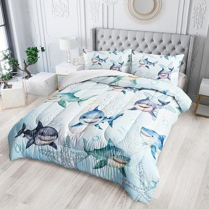 Boys Blue Ocean Shark Comforter Set Twin Size Shark Starfish Bedding Sets Seaweed Quilt Bed Set for Kid Girls with 1 Comforter and 2 Pillowcases
