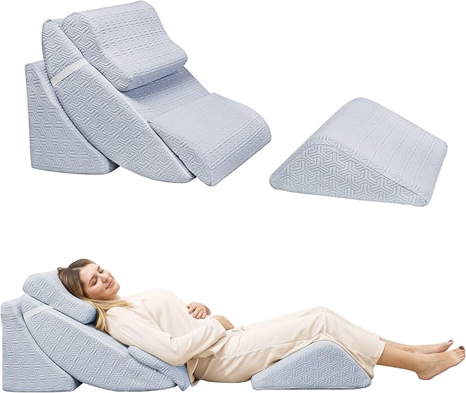 Betterhood 5pcs Orthopedic Bed Wedge Pillow Set, Adjustable Memory Foam, Post Surgery Foam for Back Neck & Leg Pain Relief Support, Acid Reflux, Snoring Reading, Sleeping, Sitting up, Blue