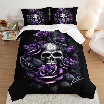Death Skull Heads Twin Size Comforter Sets,Horror Themed Gothic Bedding for Kids Teens Boys Room Decor,Mysterious Floral Spider Western Comforter Sets with 2 Pillowcases.