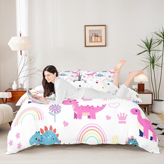 Kawaii Dino Duvet Cover Set Queen Size,Cute Rainbow Floral Love Heart Reversible Quilt Cover Set (NO Comforter),Purple Blue Dinosaur Lovely Animal Soft Comforter Cover for Dorm Room, Zipper