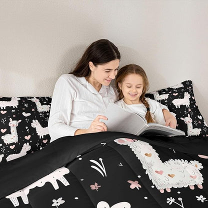 jejeloiu Cute Llama Comforter Set All Season Pink Love Heart Bedding Set with 2 Pillow Cases Floral Flower Microfiber Kids Queen Bedclothes Kawaii Animal Bedroom Decor Duvet Quilt Soft