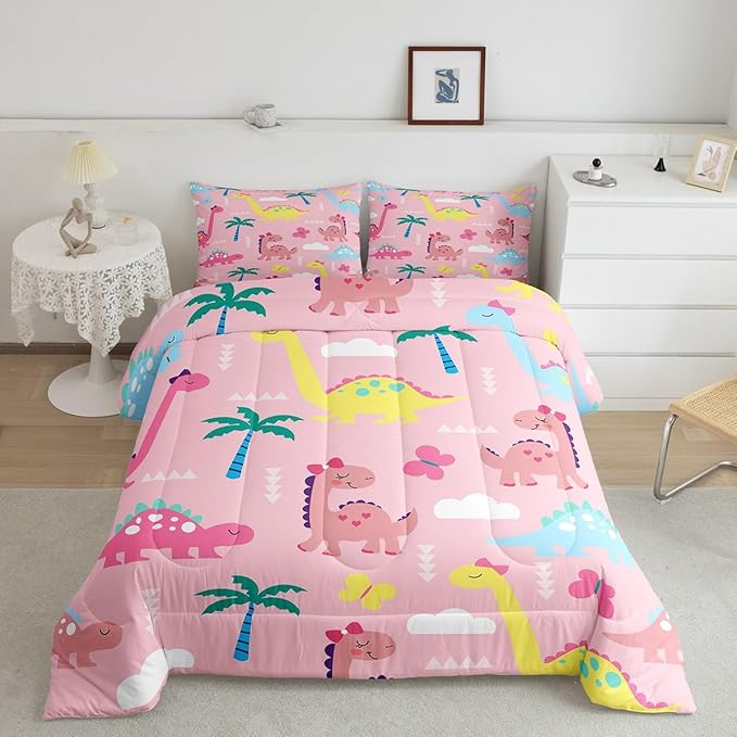 Lovely Dinosaur Kids Comforter Set Twin Size,Cartoon Dino Kawaii Wild Animal Reversible Bedding Sets for Teens Bedroom Decor,Colorful Cute Butterflies Pink Quilted Duvet,1 Pillowcase