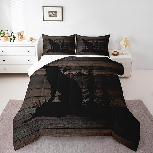 Feelyou Cute Wolf Comforter Set for Girls Kids Wolves Howling Bedding Set Room DecorAnimal Wolves Tree Wood Grain Bedding Set Brown Black Duvet Set 3Pcs with 2 Pillow Case King Size Boys