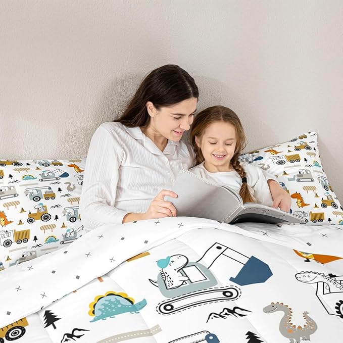 Feelyou Construction Bedding Set Queen Size Equipment Trucks Comforter Set for Kids Boys Girls Decor Dinosaur Comforter 3D Digital Print Yellow Duvet Set Bedroom Quilt Set
