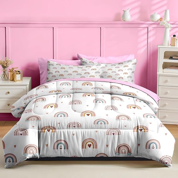 Nesker 5 Pcs Comforter Set Twin Size, Trendy Rainbows Bedding for Kids Teen, Pink Boho Bedding Set with Pillowcase & Sham