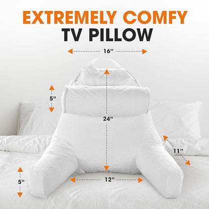 Cheer Collection Reading Pillow Chair - Chair Pillow with Arms and Detachable Neck Bolster for Bed & Couch - Machine Washable, White