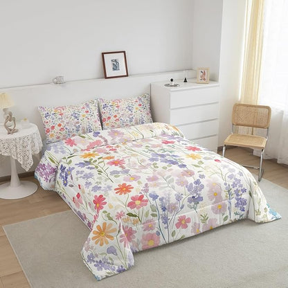 Erosebridal Colorful Floral King Comforter Set for Girls Boys Kids,Pink Purple Cute Flower Bedding Set Boho Bedroom Decor,Watercolor Wildflower Quilt Bed Set Rustic Flowers Bed Comforter Set 3Pcs