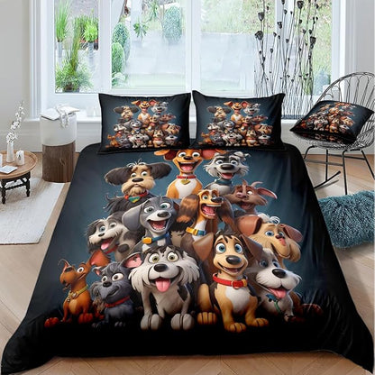 Queen Size Duvet Cover Dogs Bedding Sets Cute Kids Comforter Cover Sets for Boys Girls Cartoon Animals Beding Cover Set,Includ 1 Duvet Cover and 2 Pillow Shams