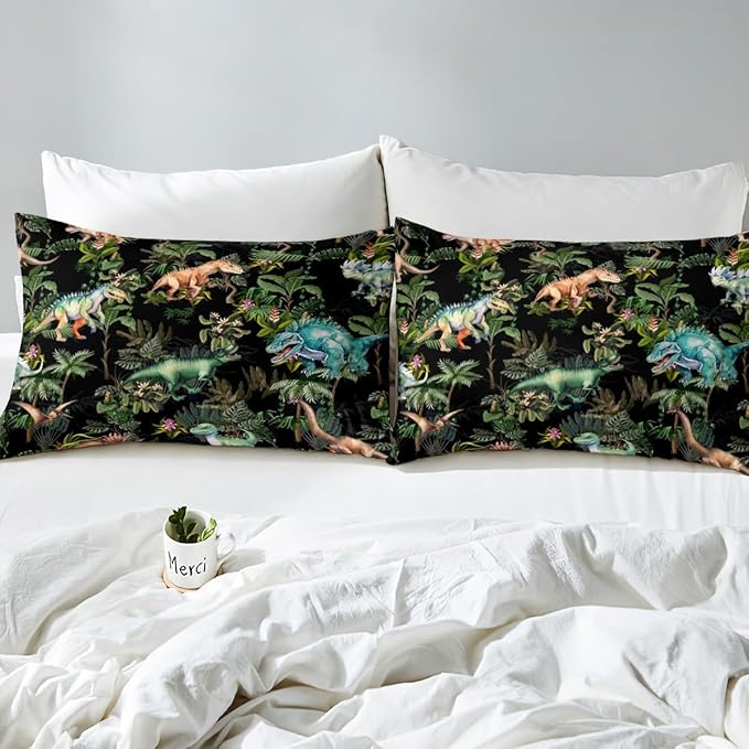 Watercolor Dinosaur Duvet Cover Set Full Size,Cartoon Dino Animal Oil Painting Style Comforter Cover with 2 Pillowcases,Green Leaves Tropical Natural Plants Breathable Bedspread for Boys Teens