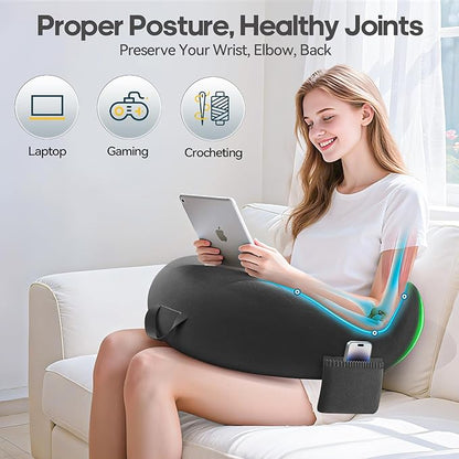 Crochet & Reading Pillow for Lap Support, Gaming Lap Desk Pillow, Sitting on The Bed/Sofa/Floor for Knitting, Large & Ergonomic Arm Rest Support, Pet Bed for Ipad/Laptop/Kindle - Black