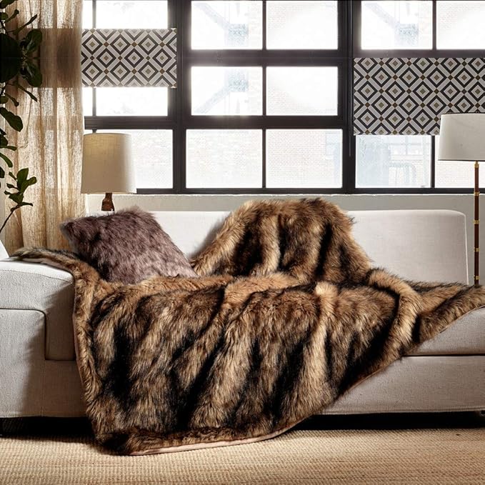 Luxury Plush Faux Fur Throw Blanket, Long Pile Brown with Black Tipped Blanket, Super Warm, Fuzzy, Elegant, Fluffy Decoration Blanket Scarf for Sofa, Armchair, Couch and Bed, 50''x 60''