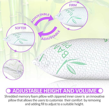 Elif Queen Size Pillows for Sleeping Set of 2 – Cooling Shredded Memory Foam Pillows with Removable Cover for Back, Stomach & Side Sleepers, Rayon Derived from Bamboo, Queen (2 Pack)