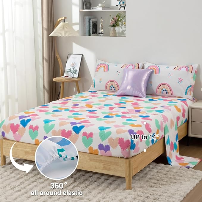 A Nice Night Rainbow Kids Comforter Set for Girls, Twin Size 6 Piece Bed in a Bag Soft Polyester Bedding Set with Floral, Grass & Rainbows Design