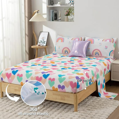 A Nice Night Rainbow Kids Comforter Set for Girls, Twin Size 6 Piece Bed in a Bag Soft Polyester Bedding Set with Floral, Grass & Rainbows Design