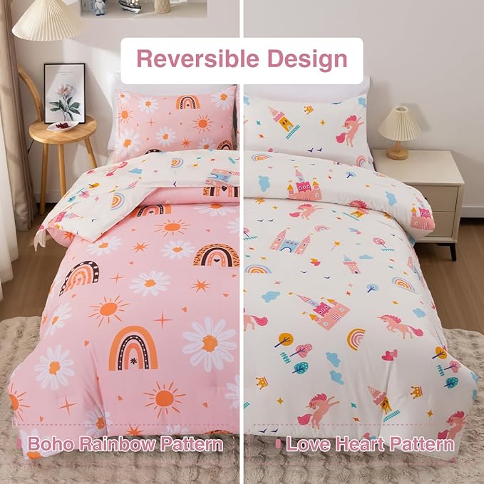 Holawakaka Boho Rainbow Daisy Twin Comforter Set with Sheets, 5-Piece Bohemian Sun Flower Bedding Set for Girls & Women - Super Soft Microfiber Kids Teen-Girls Orange Reversible Bed-in-a-Bag