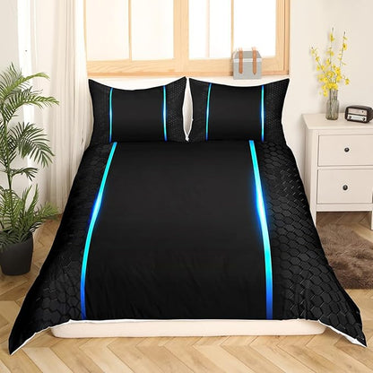 Castle Fairy Honeycomb Bedding Set King Size for Woman Men,Neon Hexagon Blue Lines Geometric Comforter Cover with 2 Pillowcases,Modern Abstract Art Black Duvet Cover Set Microfiber Quilt Cover