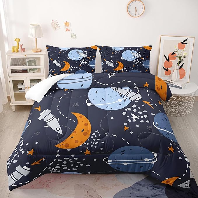 Space Bedding Comforter Set King Size for Kids Teens and Adults Rockets and Planets Printed for Bedroom Soft Microfiber All Season Print Quilt Set with 1 Comforter and 2 Pillow Case