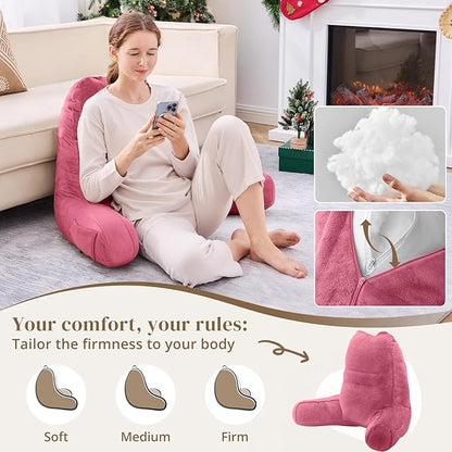 Sasttie Reading Pillow for Bed - 23 Inch, Back Pillow for Bed Sitting Up, Back-Rest Support Cushion with Side Pockets and Arms, Dorm Essentials, Oeko-Tex Certified, Rose Pink