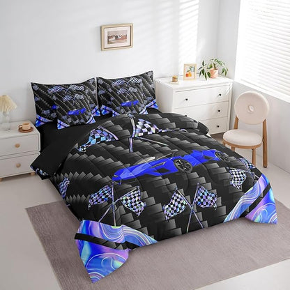 Feelyou Blue Race Car 7 Piece Bedding Set Full Size Extreme Sports Comforter Set with Sheets for Kids Teens Adult Fast and Furious Bed in a Bag Dazzling Flag Bed Set