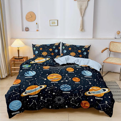 Space Boys Teens Duvet Cover Sets Twin Size, Black Galaxy Planet Comforter Cover,1 Duvet Cover 69x90 Inches and 1 Pillowcase 20x26 Inches (Twin,No Comforter)