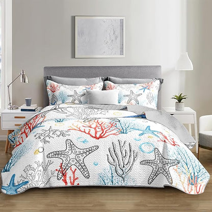 Coastal Themed Quilted Quilt Queen Size,Starfish Bedding Sets for Kids Girls Room Decor,Coral Bubbles Pattern Lightweight Quilt with 2 Pillowcases.