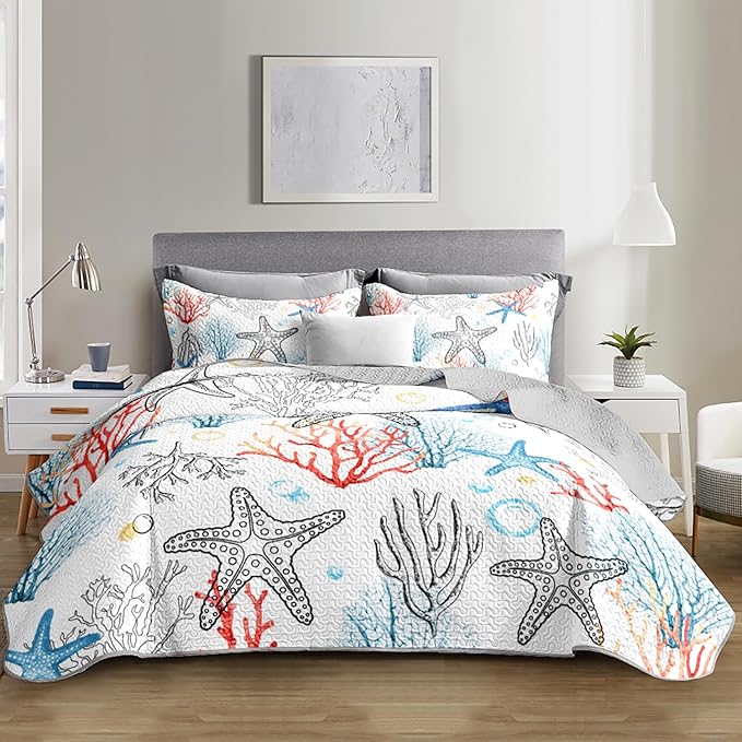 Coastal Themed Quilted Quilt King Size,Starfish Bedding Sets for Kids Girls Room Decor,Coral Bubbles Pattern Lightweight Quilt with 2 Pillowcases.