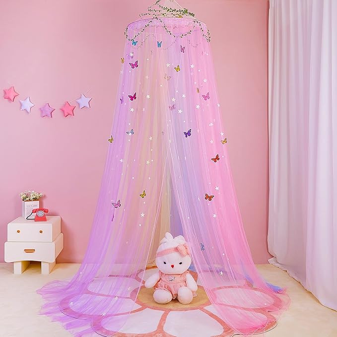 FIOBEE Bed Canopy for Girls Room Bed Canopy Curtains with Led Lights Mosquito Net DIY Princess Room Décor with Stars Butterflies for Kids Bedroom, Rainbow