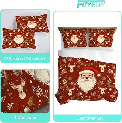 Red Christmas Comforter Set Santa Claus Bedding Full/Queen Size for Kids Girls Women Xmas Reindeer Holiday Bedroom Quilt Bed Sets, 1 Comforter 2 Pillowcases