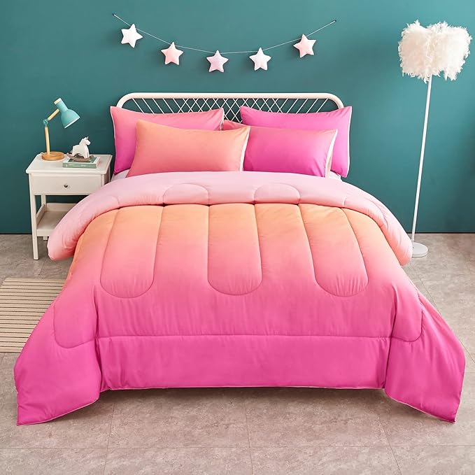 Yogeneg Rainbow Kids Comforter Sets Full/Queen Size for Teen Girl &Boys Women, Pink Orange Ombre Comforter with 2 Pillowcase, Microfiber 3 Piece Bedding Set,All Season (Rainbow D, Queen)