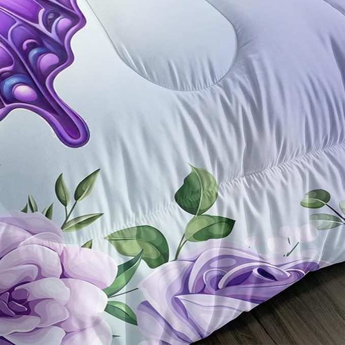 Beautiful Butterfly Bedding Comforter Set Queen Size,Blossoming Flowers Pattern Bedding Set for Kids Girls Toddlers Room Decor,Nature Insect Themed Bed Comforter Sets with 2 Pillowcases.