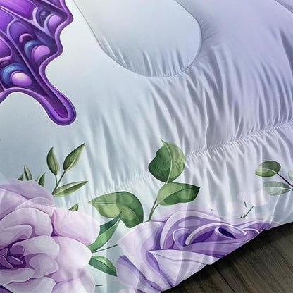 Beautiful Butterfly Bedding Comforter Set Queen Size,Blossoming Flowers Pattern Bedding Set for Kids Girls Toddlers Room Decor,Nature Insect Themed Bed Comforter Sets with 2 Pillowcases.