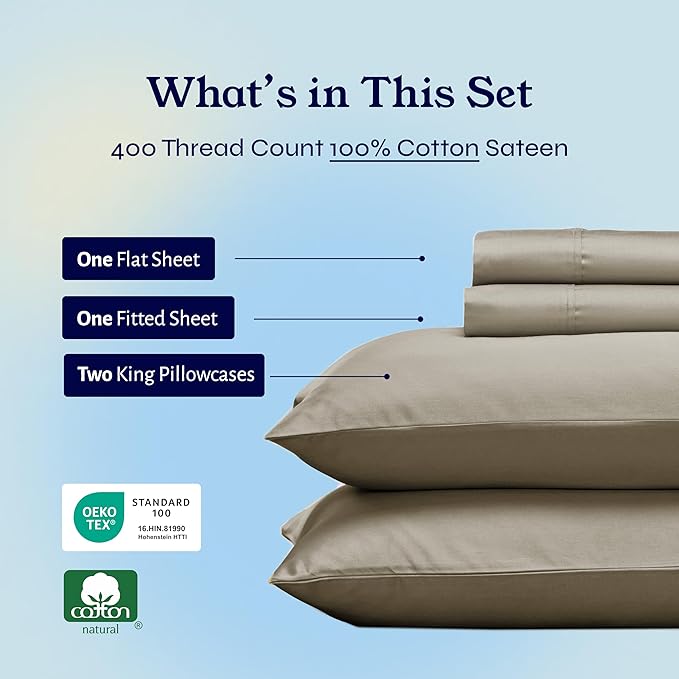 California Design Den King Bed Sheets Set - Soft 400 Thread Count Sateen, Natural 100% Cotton Sheets, Durable & Breathable Bedding with Deep Pockets - Taupe