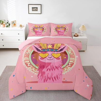 Exotic Alpaca Bedding Set Queen Size Bohemia Tribal Style Comforter Set for Girls Boys Room Decor Cartoon Funny Animal Down Comforter Colorful Star Geometric Quilt Set with 2 Pillowcases