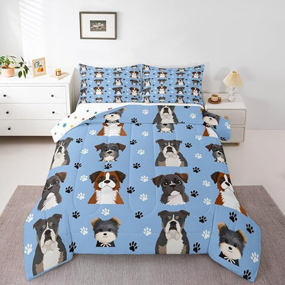 Castle Fairy Cartoon Dogs Comforter Set,Cute Puppy Paw Prints Bedding Set for Kids Boys Teens,Watercolor Lovely Pet Animals Decor Quilted Comforter with 2 Pillowcases King Size 3 Pcs