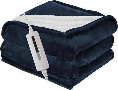 Electric Blanket Twin Size 62" x 84" Thickened Flannel and Sherpa Heated Blanket,10 Hours Timer Auto-Off,5 Heating Levels,for Bedroom Office Couch,Navy Blue