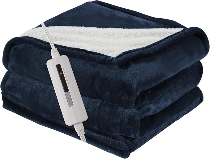 Heated Electric Blanket Throw Size 50"x60" Thickened Flannel and Sherpa Heated Blanket,3 Hours Timer Auto-Off & 5 Heating Levels,for Bedroom Office Couch-Navy Blue