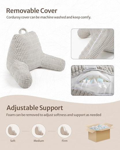 Blissful Diary Reading Pillow, Backrest Pillow with Shredded Memory Foam for Adult & Children, Designed for Bed and Couch Sitting Up, Includes Arms, Pockets and Washable Cover, Light Gray