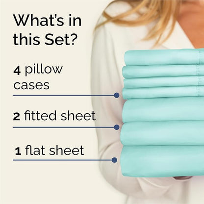 Split King 7 Piece Sheet Set - Comfy Breathable & Cooling - Soft Hotel Luxury Bedding Set with 8-16 Inch Deep Pockets - 1 Flat & 2 Fitted Sheet & 4 Pillowcases - Wrinkle Free & Easy Care - Spa Blue