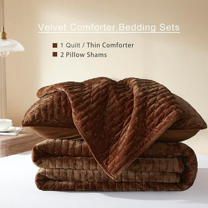 LEAONME Velvet Quilt King Size 98''x106'', Lightweight Caramel Velvet Comforter Set with 2 Matching Shams, Soft Cross Stitch Bedspread Coverlet Bedding Set for All Season
