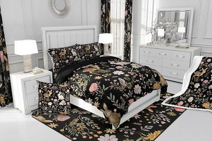 jejeloiu Cute Deer and Rabbit Comforter Set Queen Size Floral Flower Bedding Set for Kids Boys Girls Nature Plants Duvet Quilt Black Colorful Bedroom Decor Microfiber 3 Pcs with 2 Pillow Cases