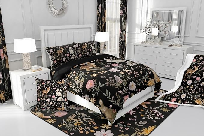 jejeloiu Cute Deer and Rabbit Comforter Set Twin Size Floral Flower Bedding Set for Kids Boys Girls Nature Plants Duvet Quilt Black Colorful Bedroom Decor Microfiber 2 Pcs with 1 Pillow Cases