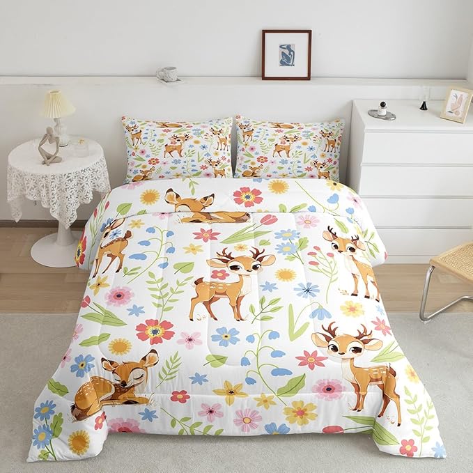 jejeloiu Cute Sika Deer Bedding Set King Size Cute Flower Comforter Set for Kids Adult Boys Girls Cartoon Animal Duvet Set Colorful Quilt Set 3Pcs