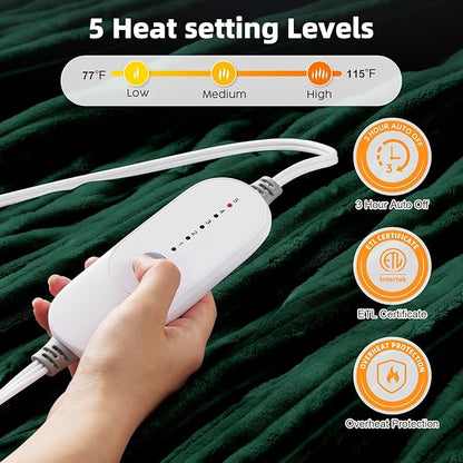 HYLEORY Heated Blanket Electric Full Size, Soft Flannel Sherpa Heater 5 Heat Settings and 10 Hours Auto Shut-Off Heating Blanket ETL Certification Over-Heat Protection Machine Washable,Green