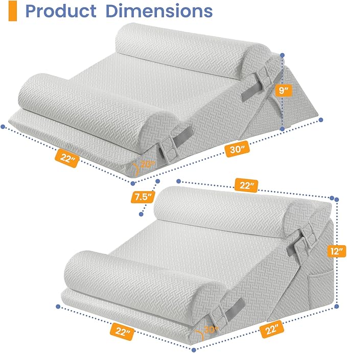 Sasttie Wedge Pillow Set for After Surgery, 3PCS Adjustable Bed Wedge Pillow Headboard with Memory Foam Neck Cushion – for Acid Reflux, Sleeping, Neck & Back Support, Light Grey