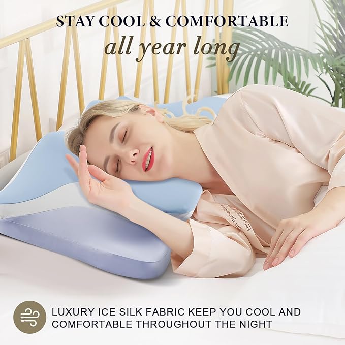 Cervical Pillow for Sleeping - Cooling Ergonomic Memory Foam Pillows for Neck Pain Relief, Contour Neck Support Pillow for Side, Back, Stomach Sleepers with Anti-Pilling Pillowcase (Sky Blue)